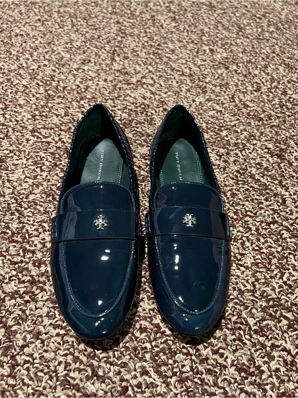 Tory Burch Navy Patent Leather Classic Loafers with Logo Accent
